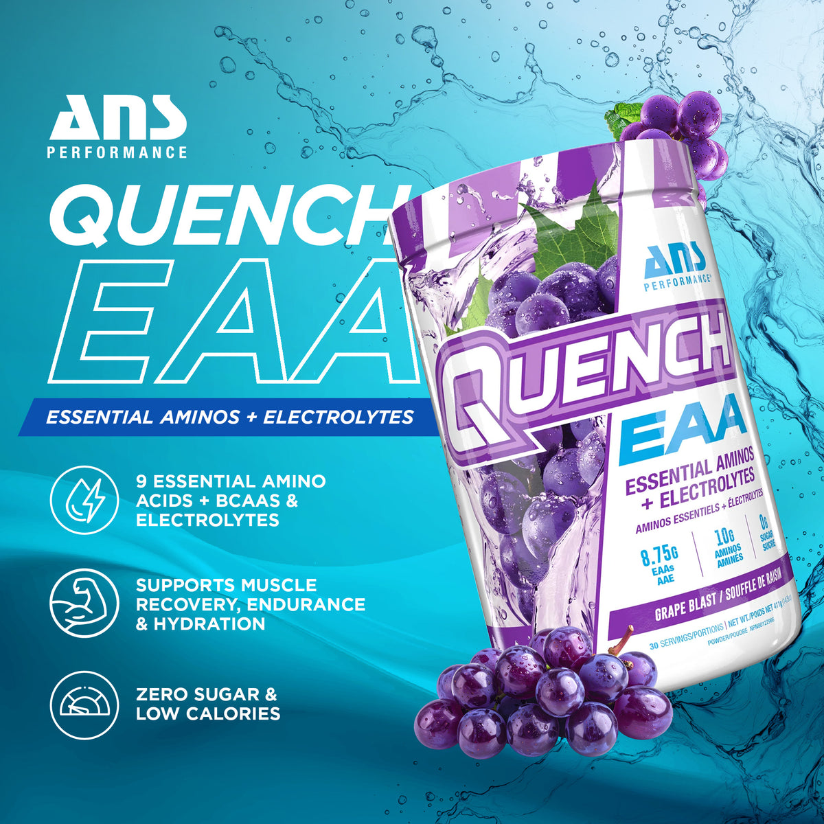 ANS Performance Quench EAA Hydration Drink Mix with Electrolytes, Grape Blast