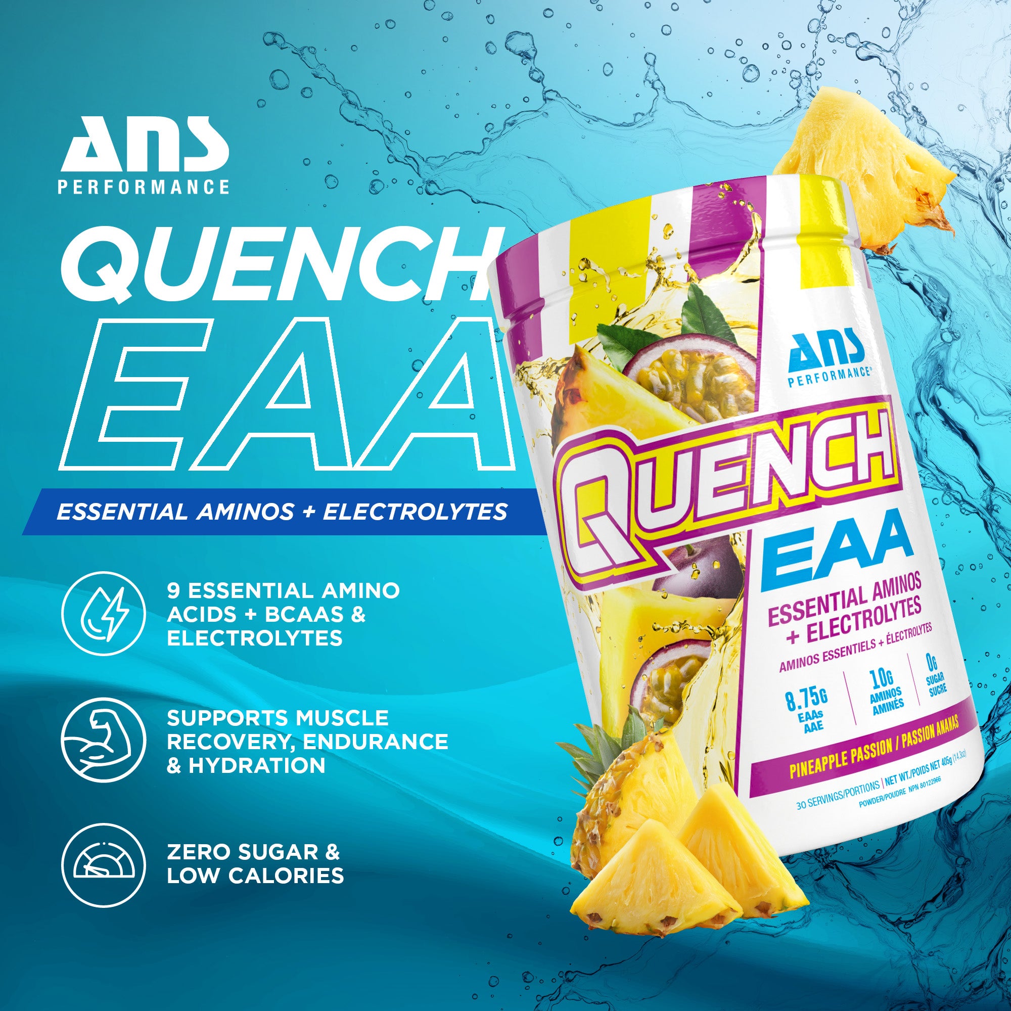 ANS Performance Quench EAA Drink Mix with Electrolytes, Pineapple Passionfruit
