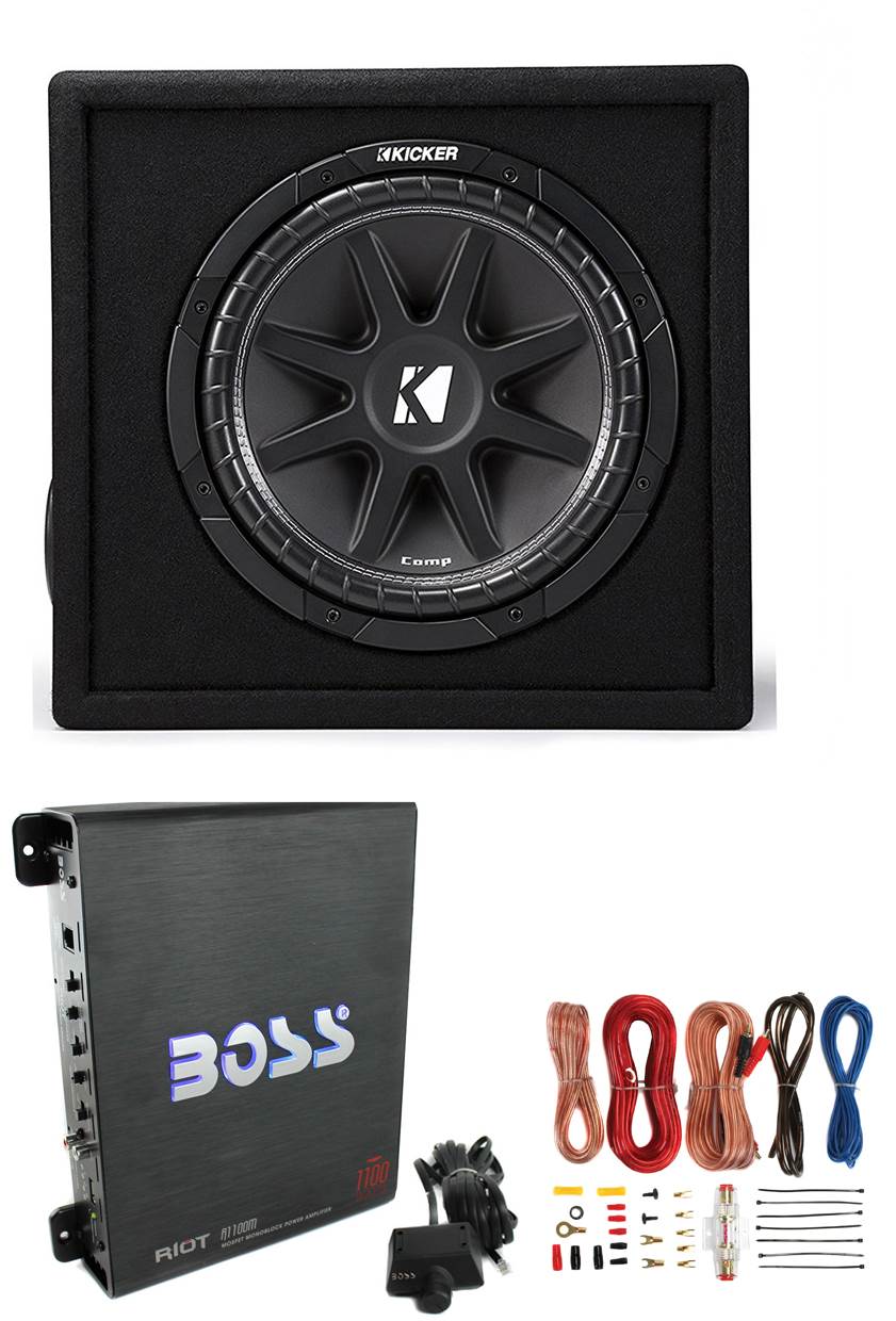 KICKER 43VC124 12" 300W Car Audio Subwoofer +Sub Box +Boss Mono Amp +Amp Kit