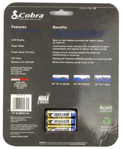 (2) COBRA CX101A 16-Mile 22-Channel 2-Way Walkie-Talkie Radios - Open Box