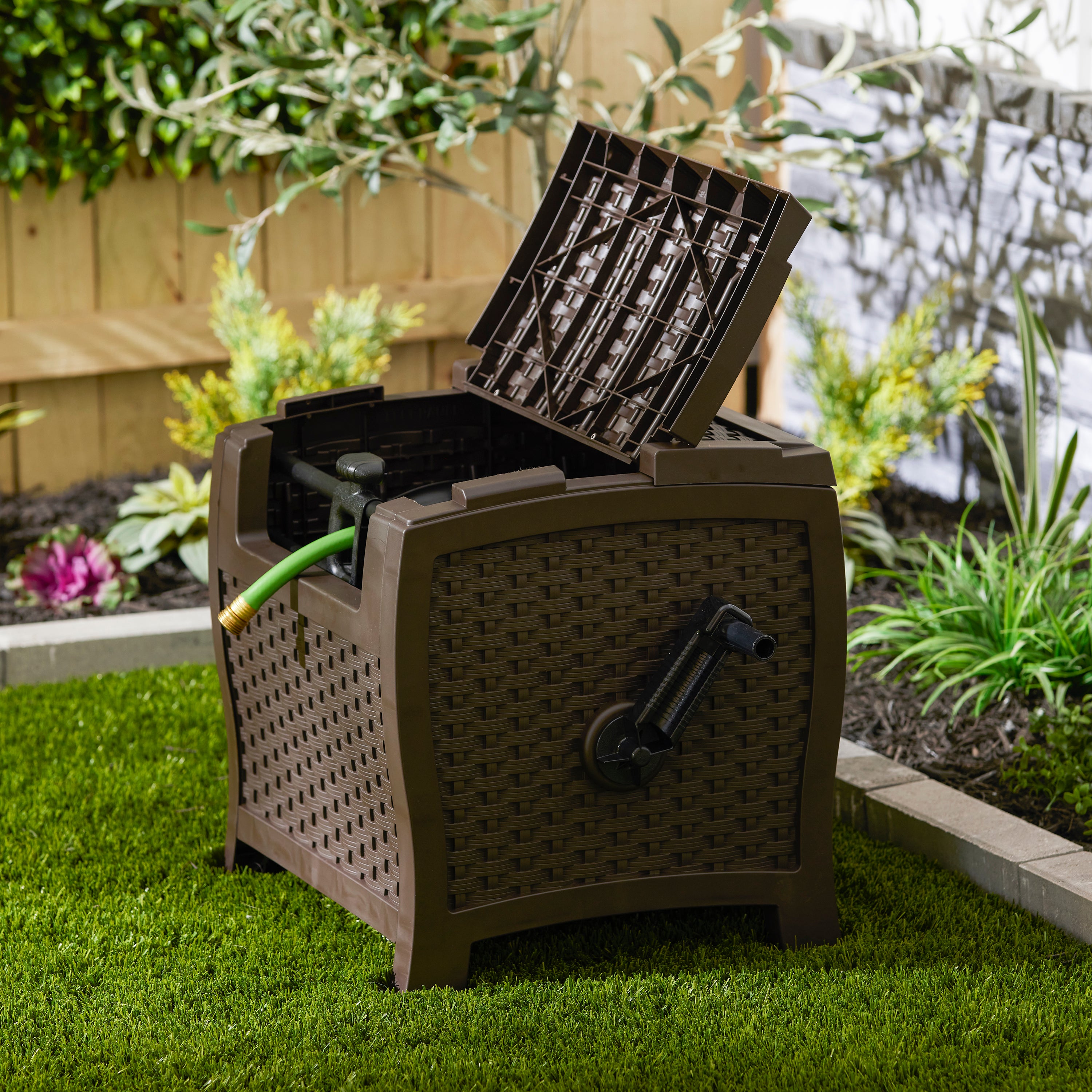 Suncast 175 Foot Slide Trak Garden Water Hose Hideaway, Mocha Brown (Open Box)
