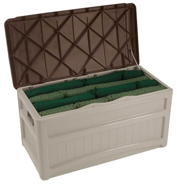 Suncast 73 Gallon Outdoor Patio Resin Deck Storage Chest Box with Wheels, Taupe