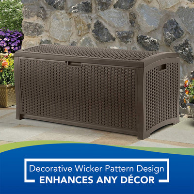 Suncast 73 Gallon Mocha Wicker Resin Outdoor Patio Storage Deck Box | Open Box