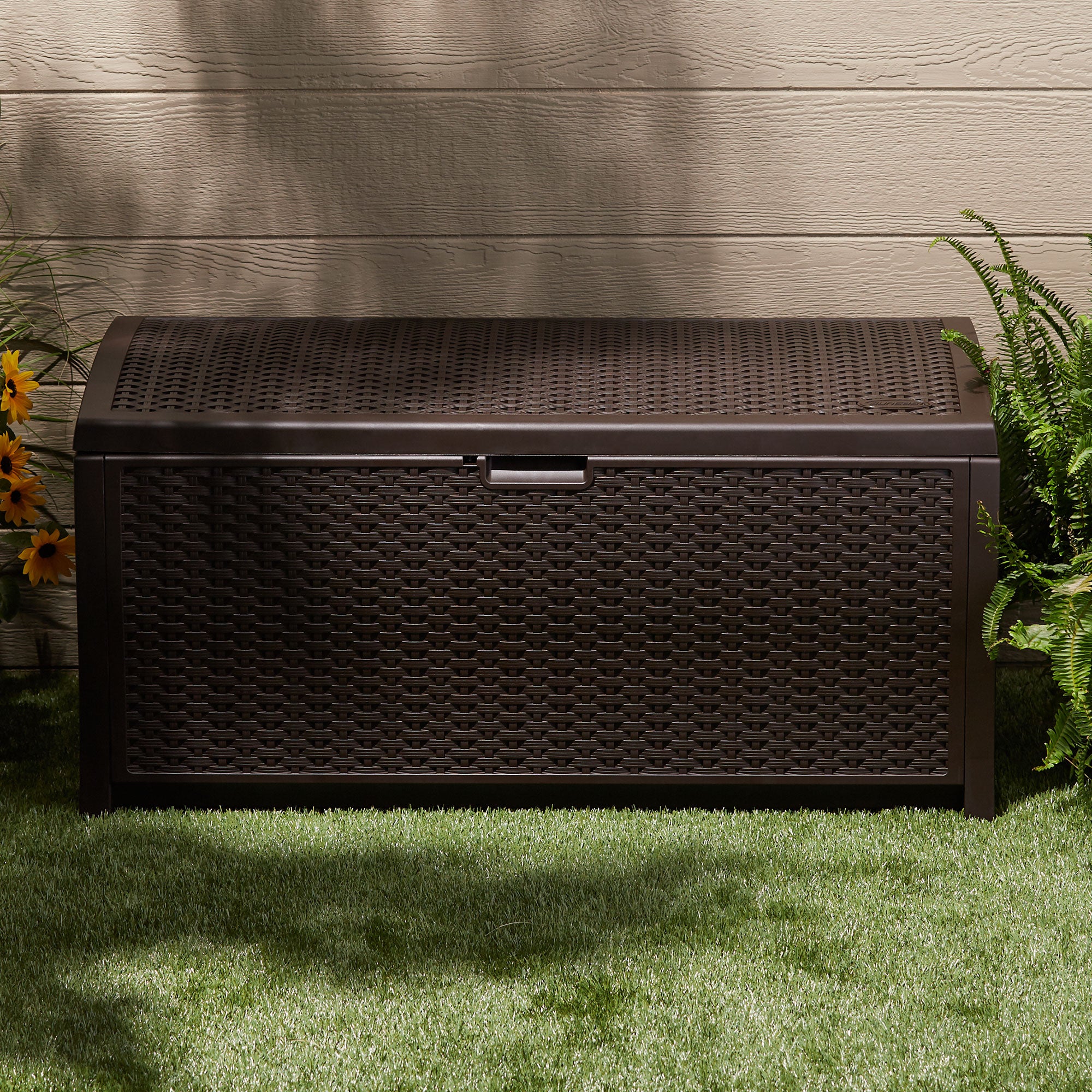 Suncast 73 Gallon Mocha Wicker Resin Outdoor Patio Storage Deck Box | Open Box