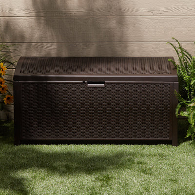 Suncast 73 Gallon Mocha Wicker Resin Outdoor Patio Storage Deck Box | Open Box