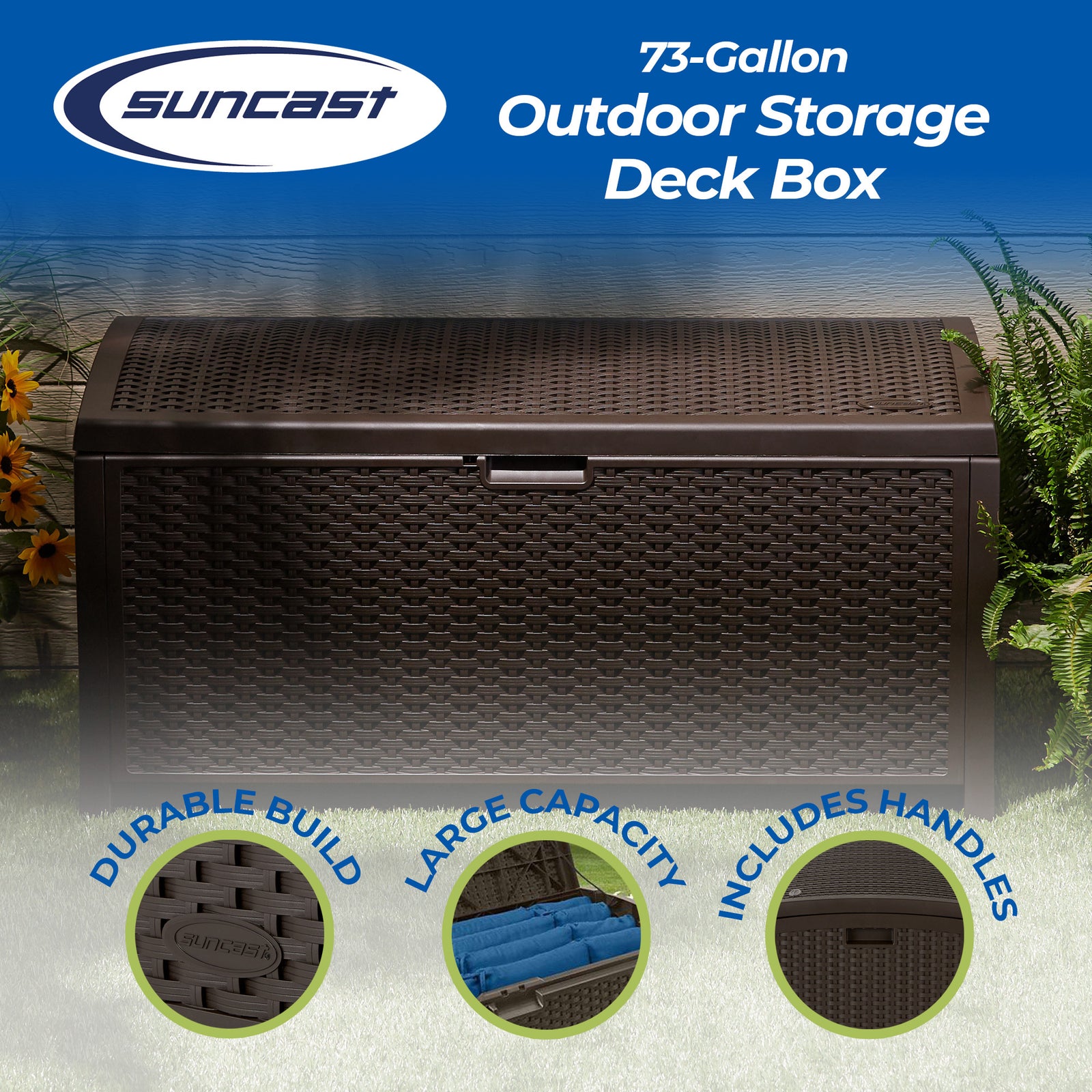 Suncast DBW7300 73 Gallon Resin Wicker Outdoor Patio Storage Deck Box, Mocha - VMInnovations