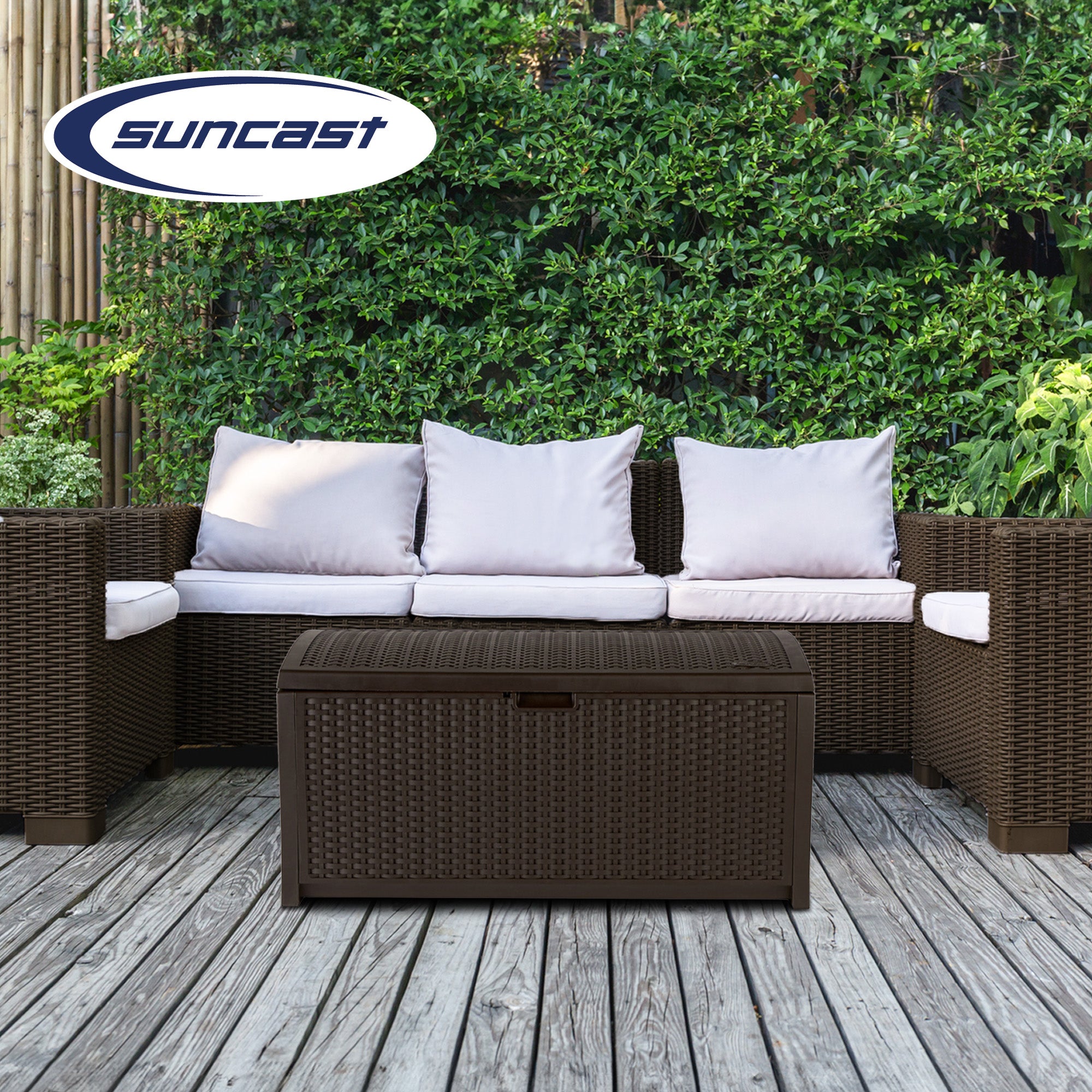 Suncast 73 Gallon Mocha Wicker Resin Outdoor Patio Storage Deck Box | Open Box