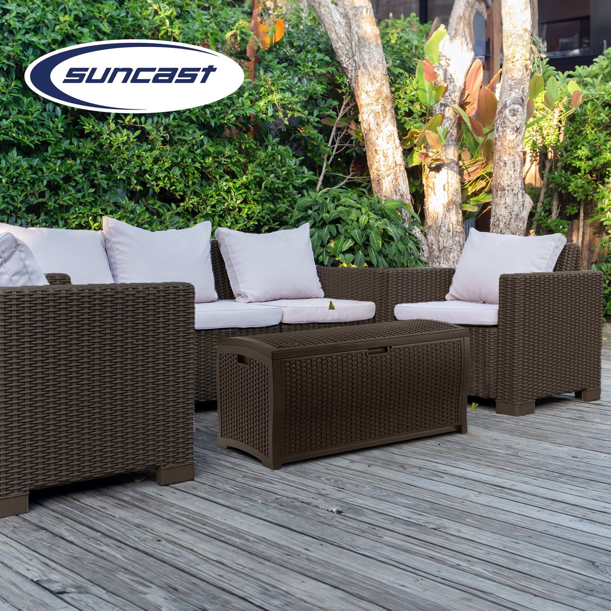 Suncast 73 Gallon Mocha Wicker Resin Outdoor Patio Storage Deck Box | Open Box