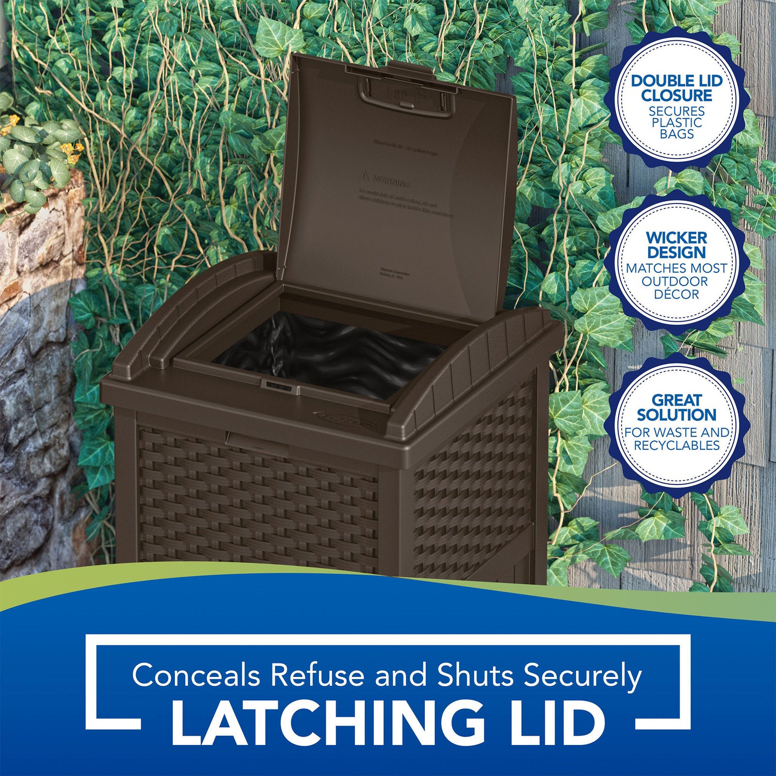 Suncast GHW1732 Trashcan Hideaway Outdoor 33 Gallon Garbage Waste Bin, Brown - VMInnovations