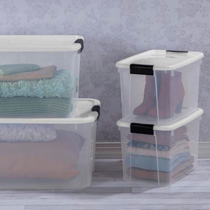 Sterilite 30 Qt Clear Plastic Stackable Storage Bin w/ White Latch Lid, 18 Pack - VMInnovations