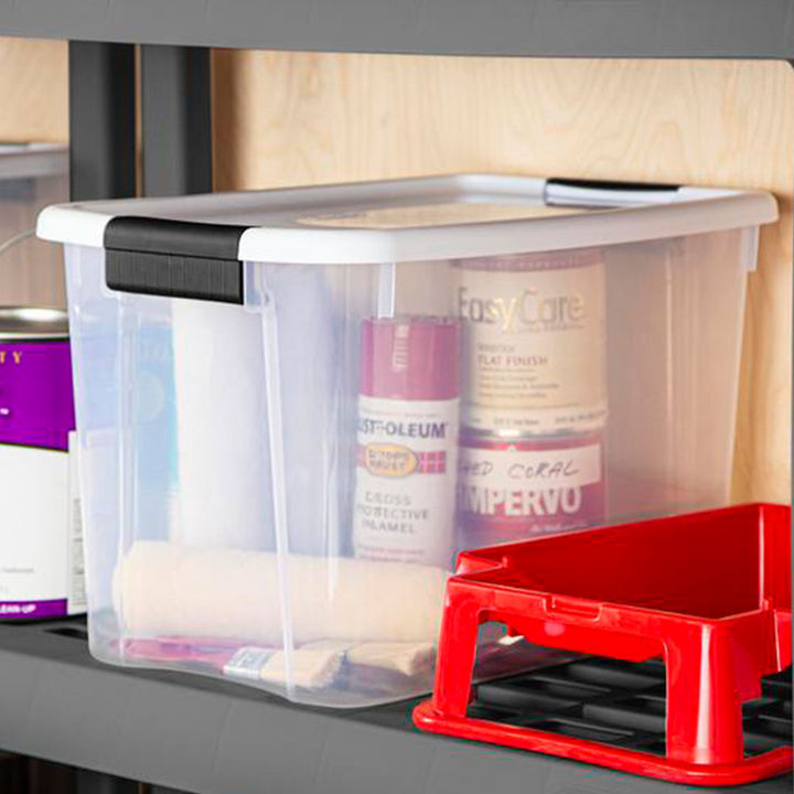 Sterilite 30 Qt Clear Plastic Stackable Storage Bin w/White Latch Lid, (12 Pack) - VMInnovations