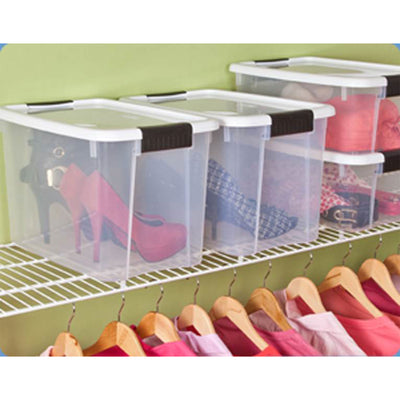 Sterilite 30 Quart Clear Plastic Stackable Storage Bin w/White Lid & Black Latch - VMInnovations