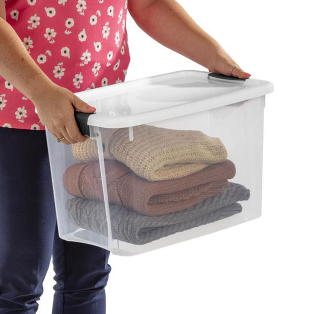 Sterilite 30 Qt Clear Plastic Stackable Storage Bin w/ White Latch Lid, 18 Pack - VMInnovations