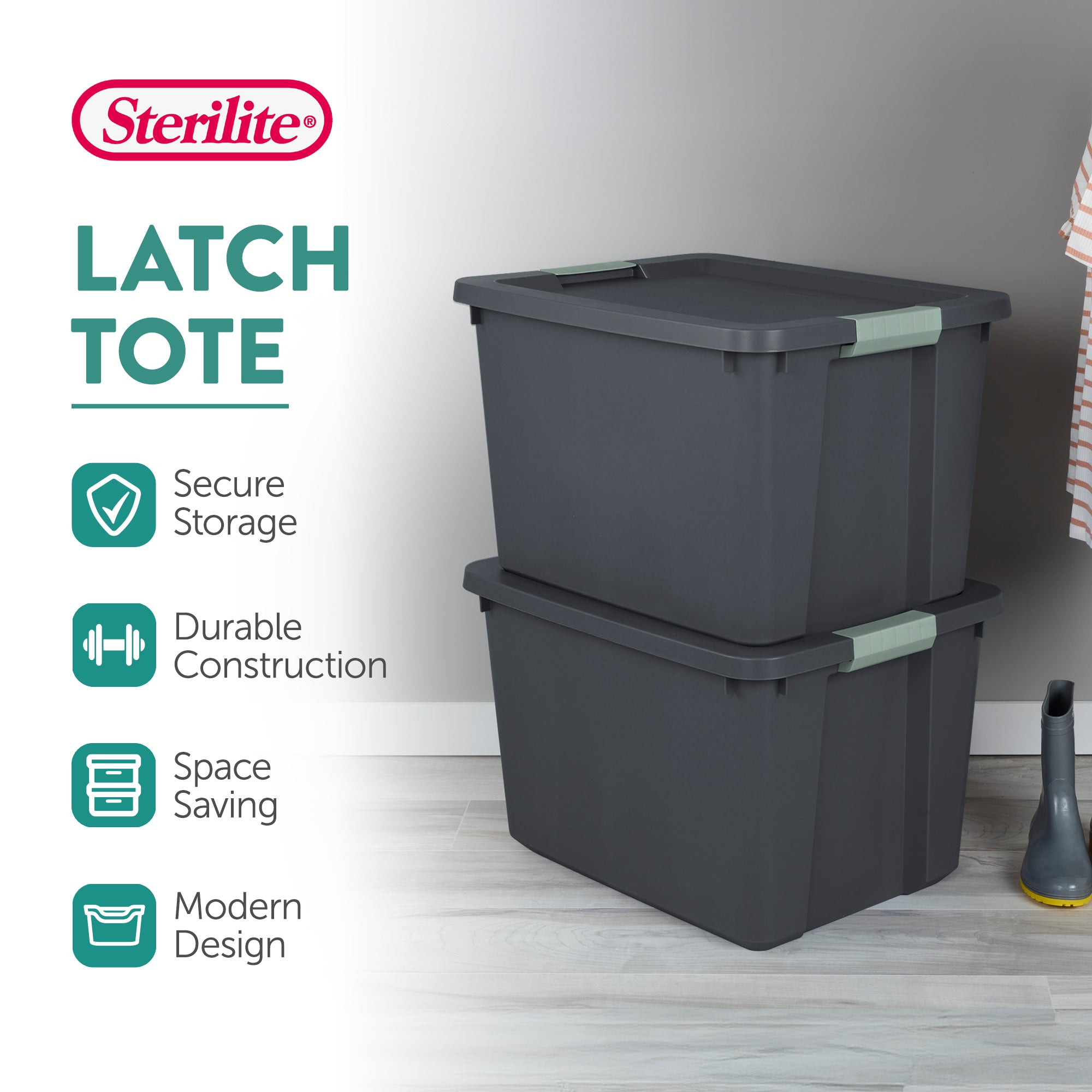 Sterilite 6 Pack 20 Gallon Latch Tote, Stackable Plastic Storage Bin Container