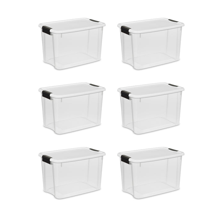 Sterilite 30 Qt Clear Plastic Stackable Storage Bin w/ Latch Lid, White (6 Pack)