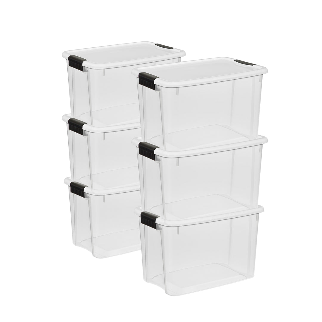 Sterilite 30 Qt Clear Plastic Stackable Storage Bin w/ Latch Lid, White (6 Pack)