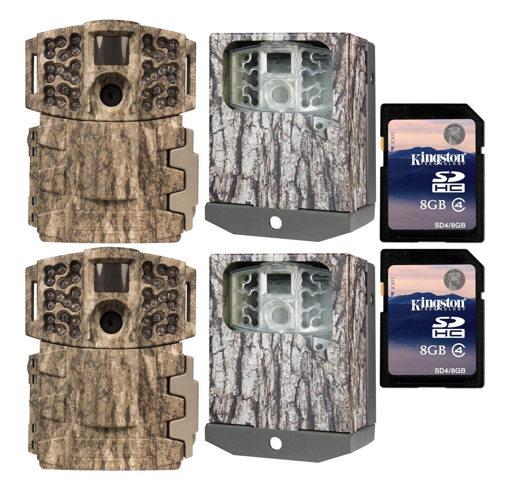 (2) Moultrie Low Glow 14MP Mini 888 Long Range IR Game Cameras + Cases & Cards
