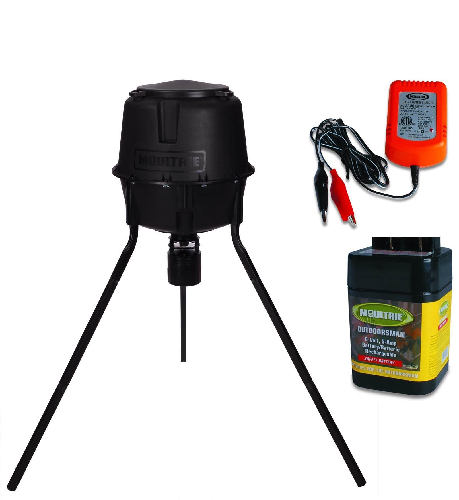 Moultrie 30 Gallon Quick Lock Tripod Game Feeder + 6 Volt Battery & Charger