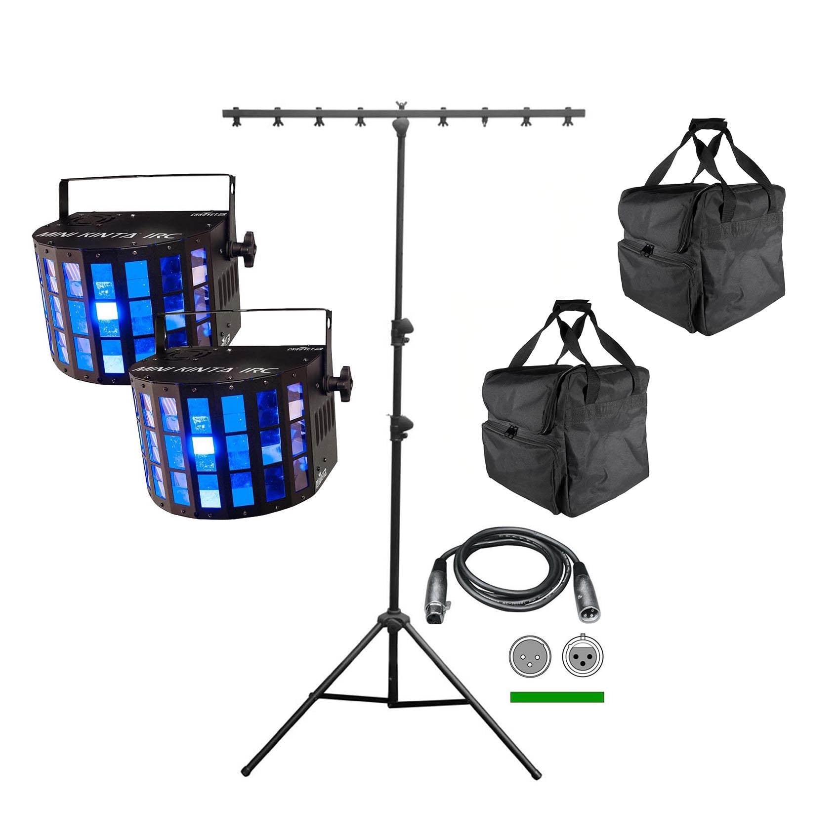 2 Chauvet DJ Mini Kinta IRC LED Lights + CH-06 T-Bar Stand + CHS-40 Travel Bags