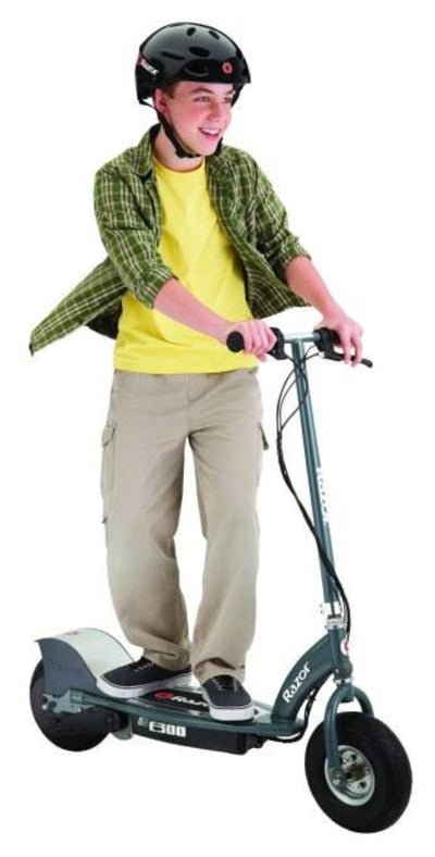 Razor E300 Electric 24 Volt Rechargeable Scooter, Gray w/ Safety Helmet, Black
