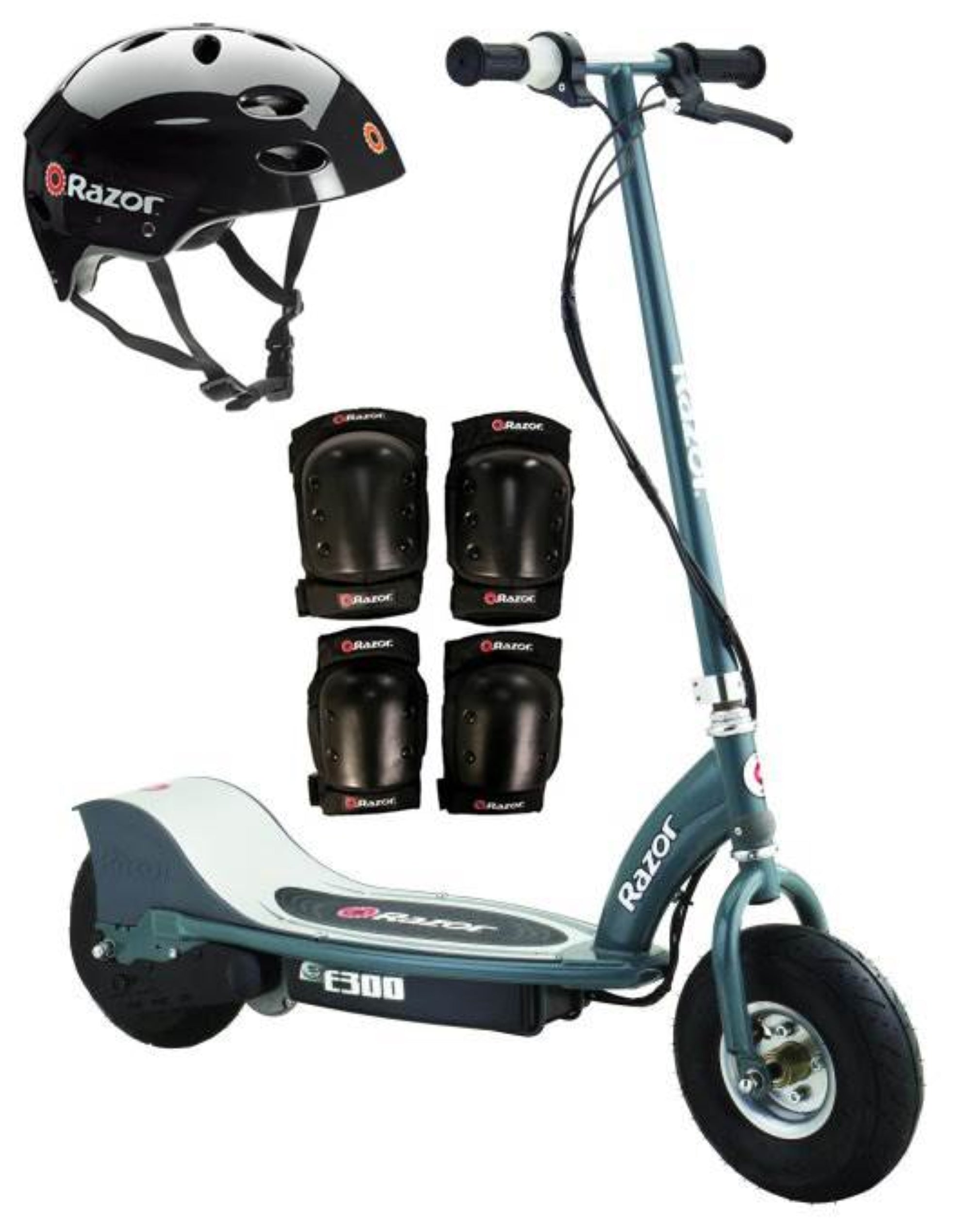 Razor E300 Electric 24V Motorized Scooter, Grey w/ Helmet, Elbow & Knee Pad Set