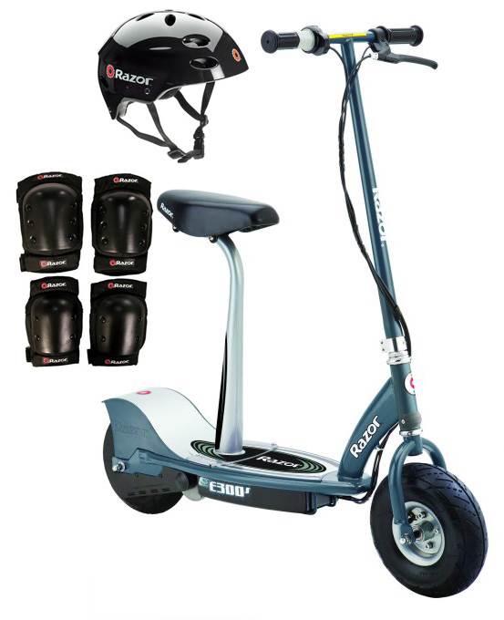 Razor E300S Seated Electric 24V Scooter (Gray) w/ Helmet, Elbow and Knee Pads