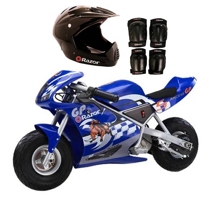 Razor 24-Volt Electric Motorcycle Pocket Rocket with Youth Helmet and Pads, Blue
