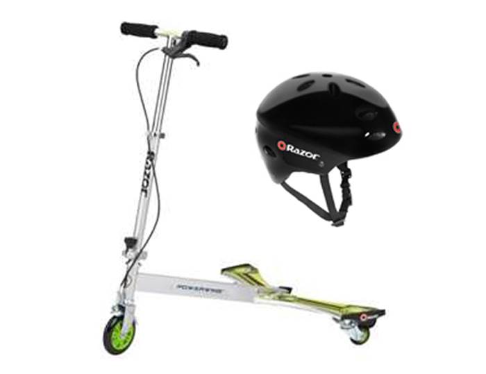 Razor PowerWing DLX 3-Wheel Caster Scooter & Child Sport Helmet (Black)