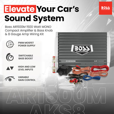 Boss AR1500M 1500 Watt MONO Compact Amplifier and Bass Knob and Amp Wiring Kit - VMInnovations