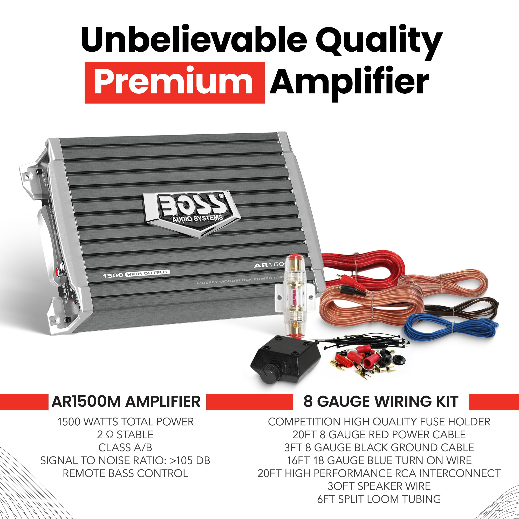 Boss AR1500M 1500 Watt MONO Compact Amplifier and Bass Knob and Amp Wiring Kit - VMInnovations