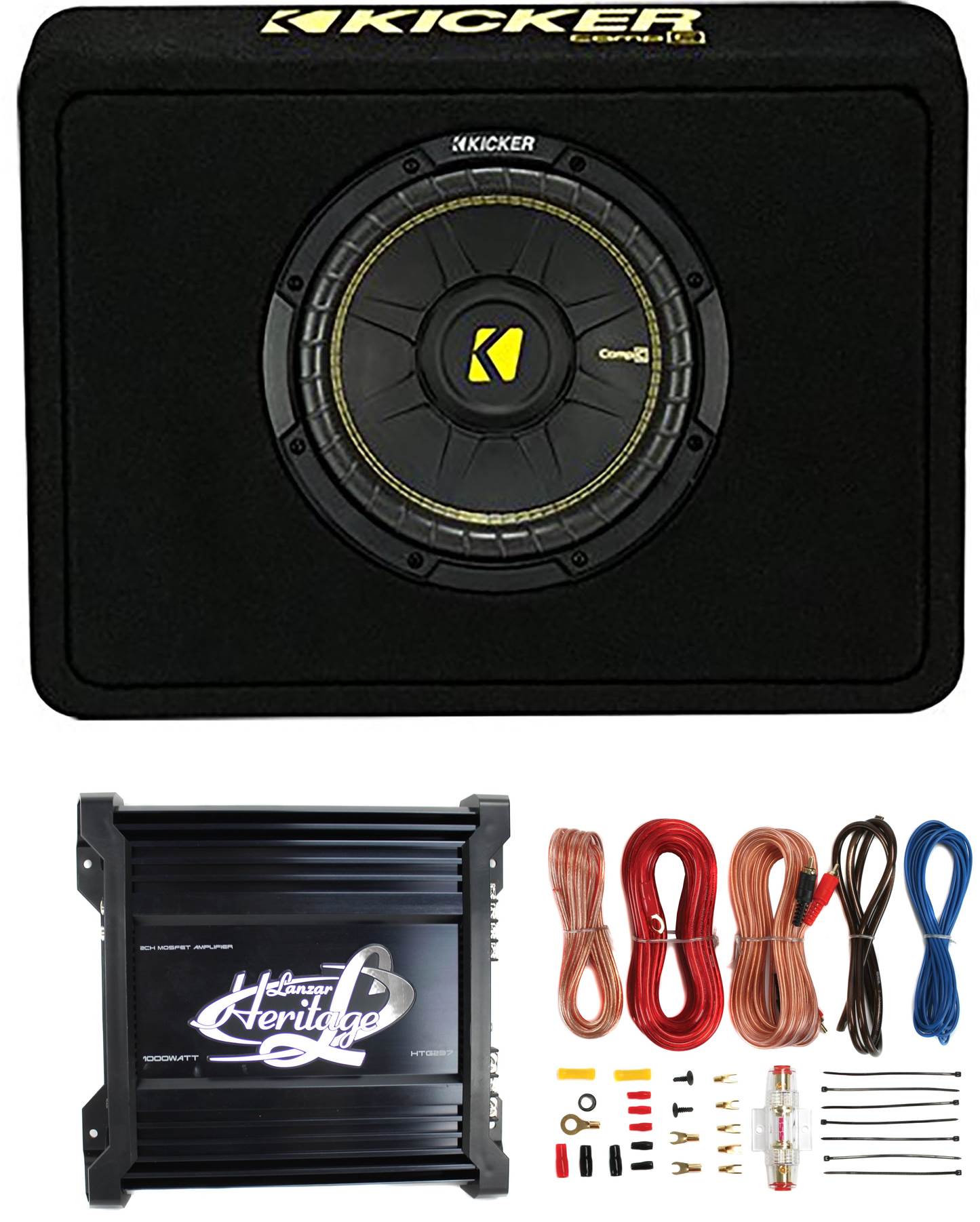 Kicker 10" 600W Car Audio Subwoofer Enclosure and 1000W Amplifier w/ Wiring Kit