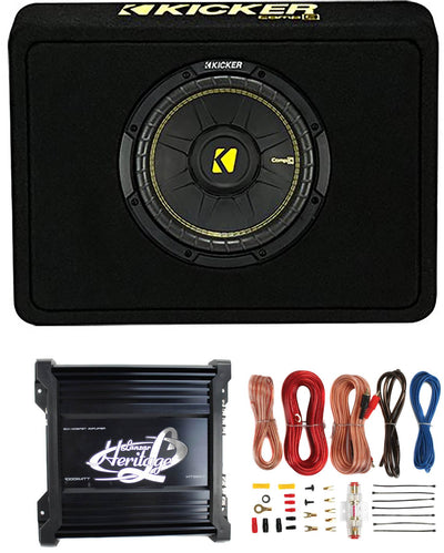 Kicker 10" 600W Car Audio Subwoofer Enclosure and 1000W Amplifier w/ Wiring Kit