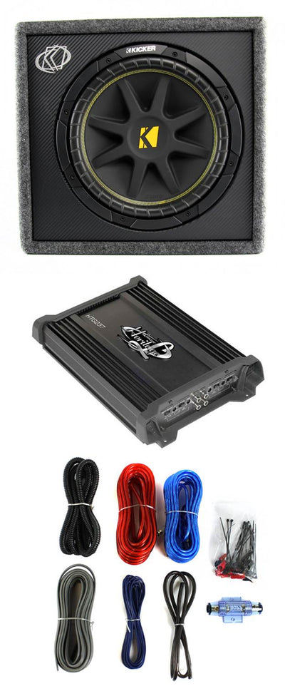 KICKER 10VC124 12" 300W Car Audio Subwoofer+Sub Box+Lanzar 2 Channel Amp+Amp Kit