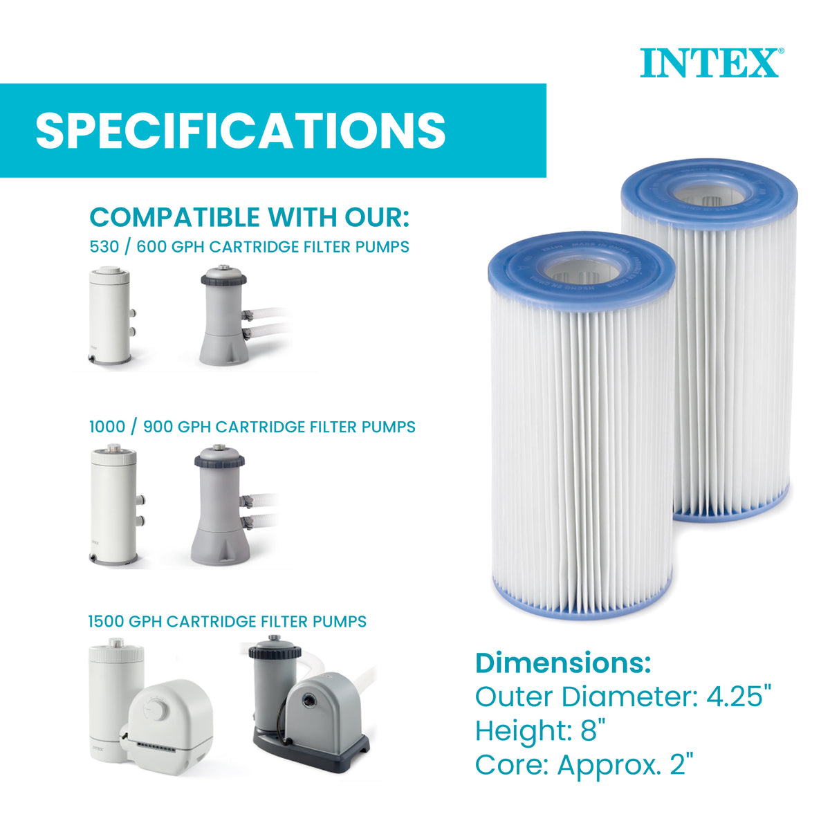 Intex Easy Set Type A or C Filter Replacement Cartridges Pack for Pool, 2 Pack