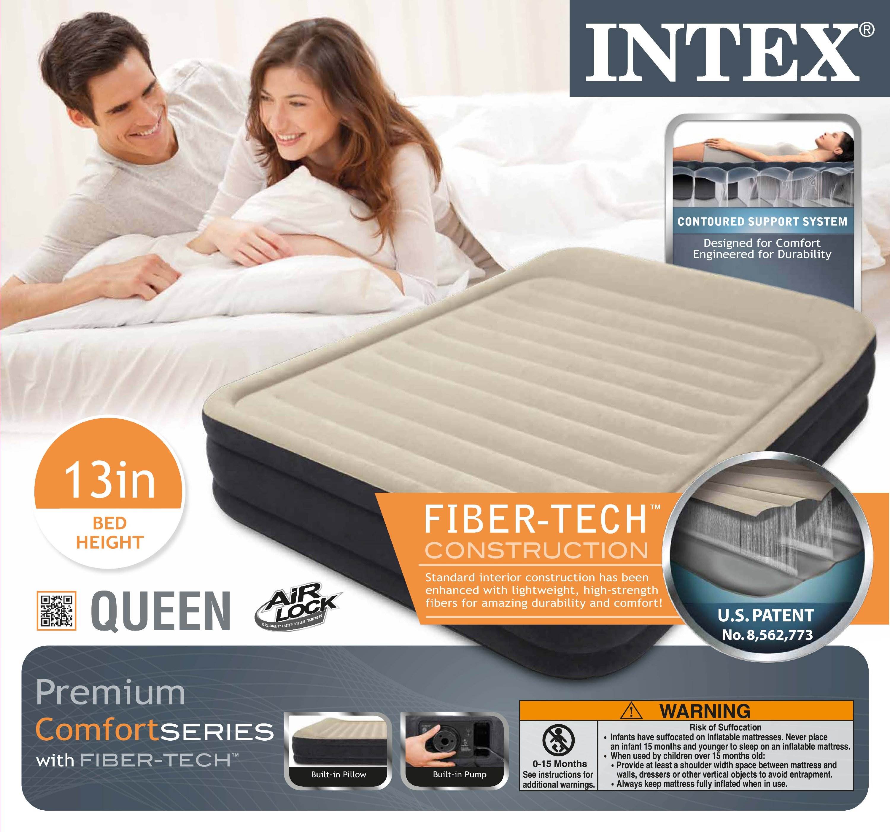 Intex Premium Dura-Beam Comfort 13" Airbed w/ Built-In Air Pump, Queen (Used)