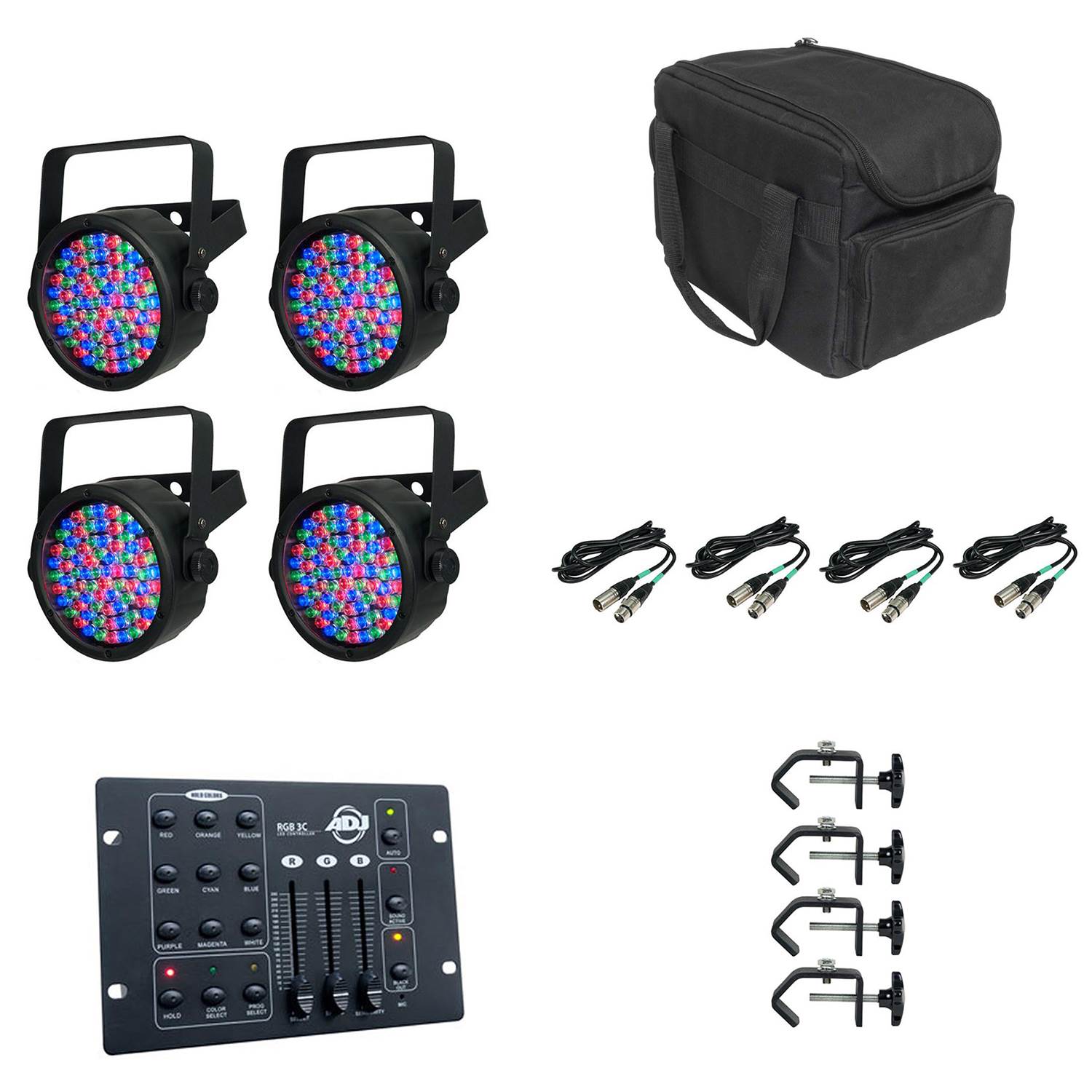 4) Chauvet SlimPar 38 LED Pro DJ RGB Lights + ADJ RGB 3C Controller + Travel Bag
