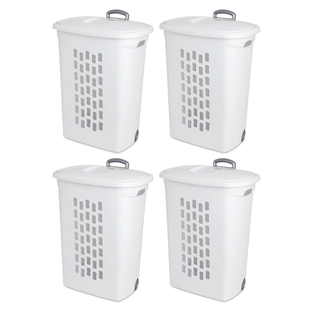 Sterilite White Laundry Hamper With Lift-Top, Wheels, And Pull Handle, 4 Pack