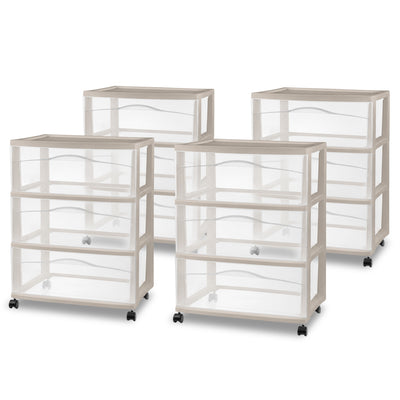 Sterilite Wide 3 Drawer Storage Cart, Plastic Rolling Organization, Grey, 4 Pack