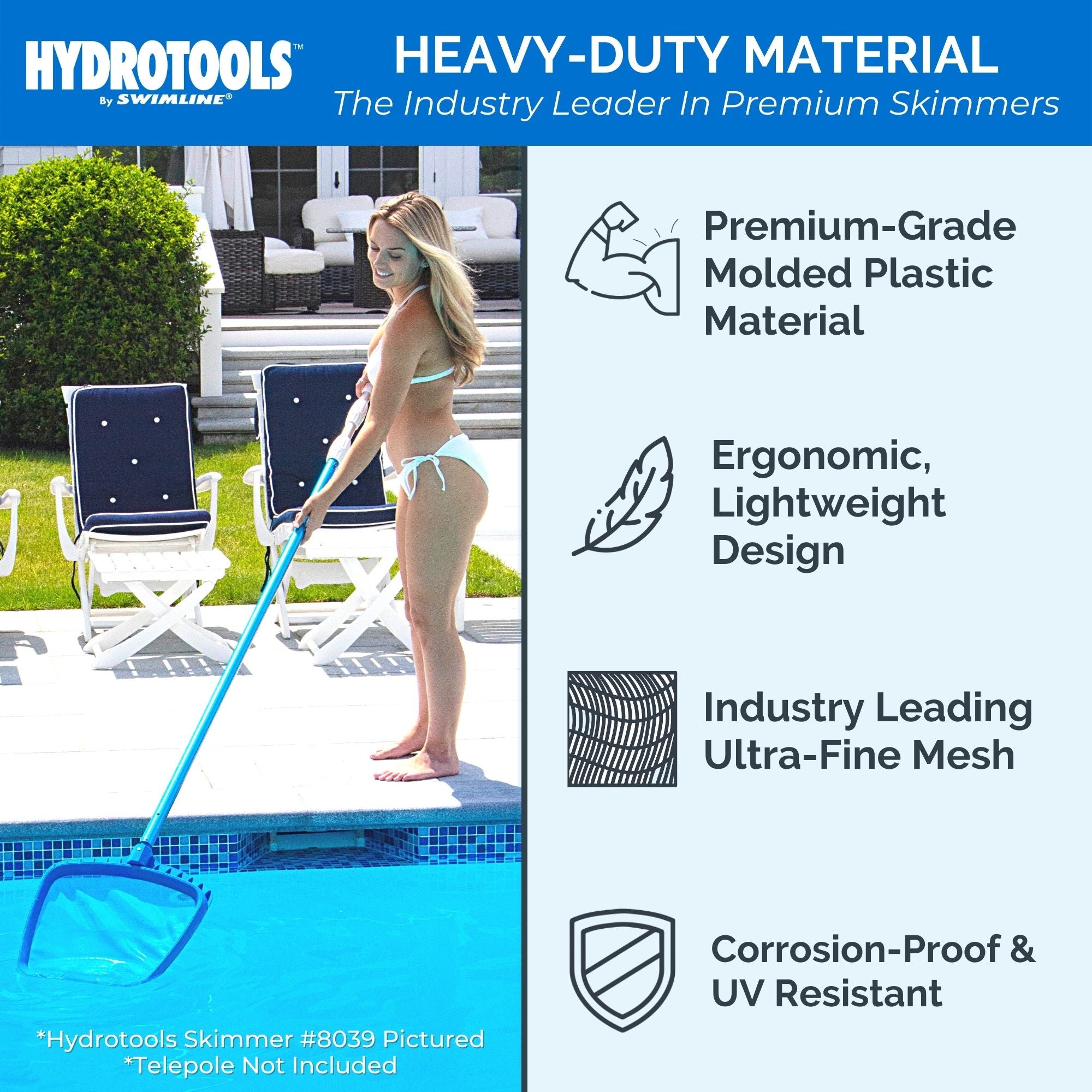 Swimline HydroTools Professional Leaf Skimmer Mesh Net for Swimming Pools, Blue - VMInnovations