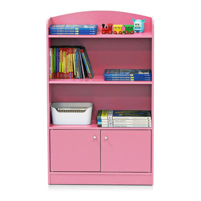 Furinno KidKanac Bookshelf Bookcase with 3 Shelves and Storage Cabinet, Pink - VMInnovations