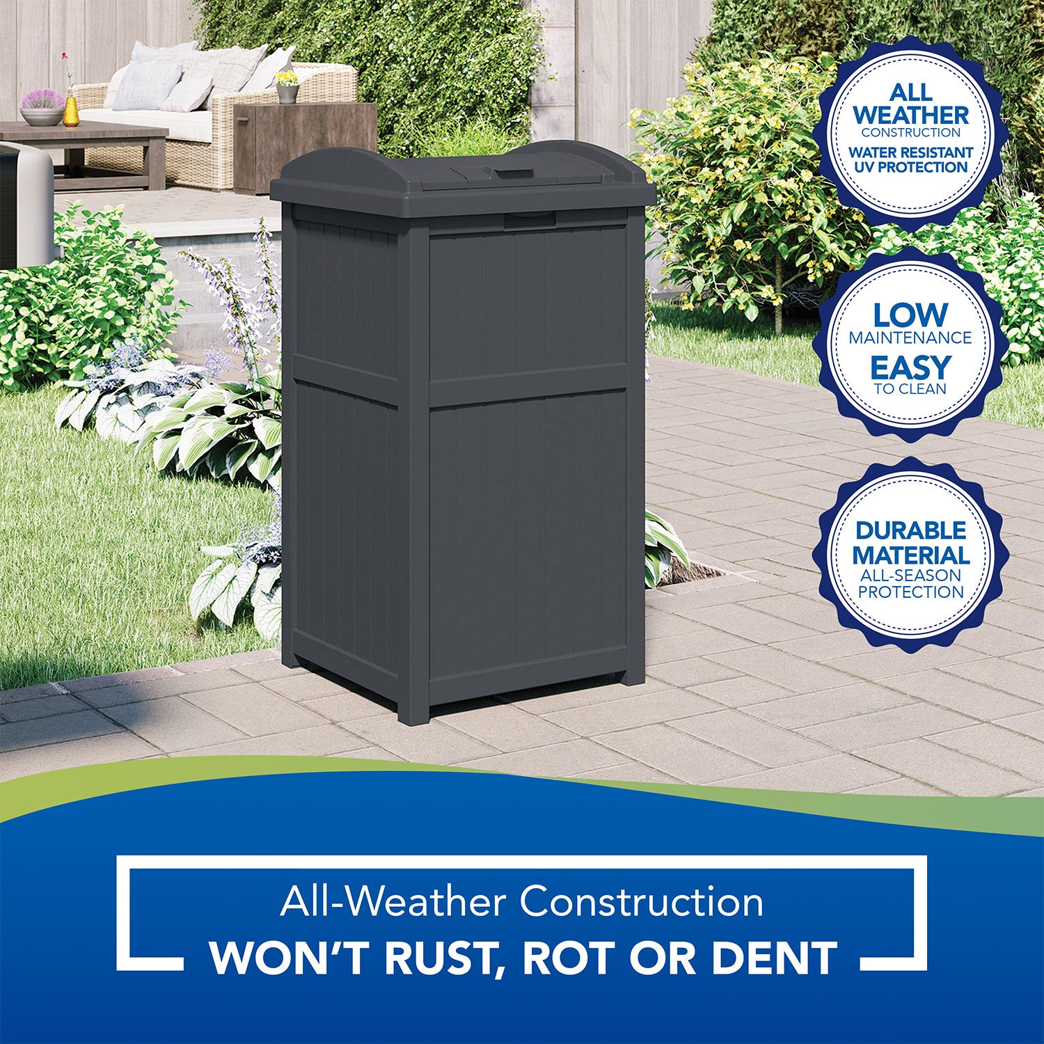 Suncast 100' Resin Garden Hose Reel & Hideaway Outdoor 33 Gal Garbage Bin, Grey