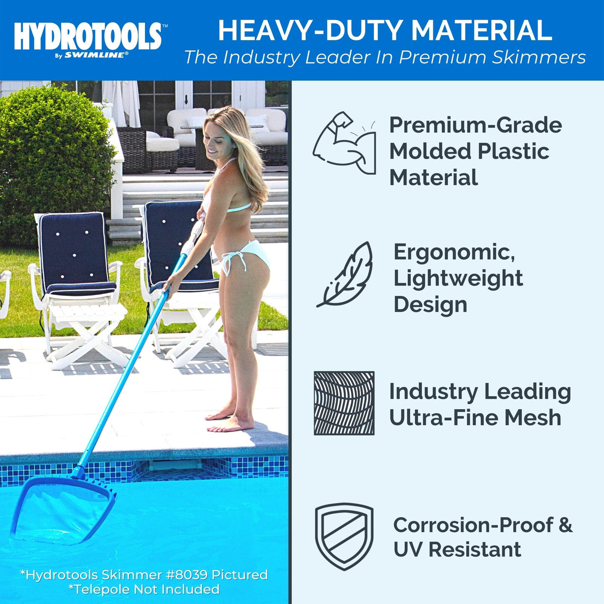 Swimline HydroTools Professional Leaf Skimmer Mesh Net for Swimming Pools, Blue
