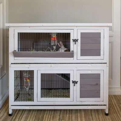 Indoor Outdoor Pet Bunny Hutch House Cage for Rabbits and Guinea Pigs, White (Refurbished)