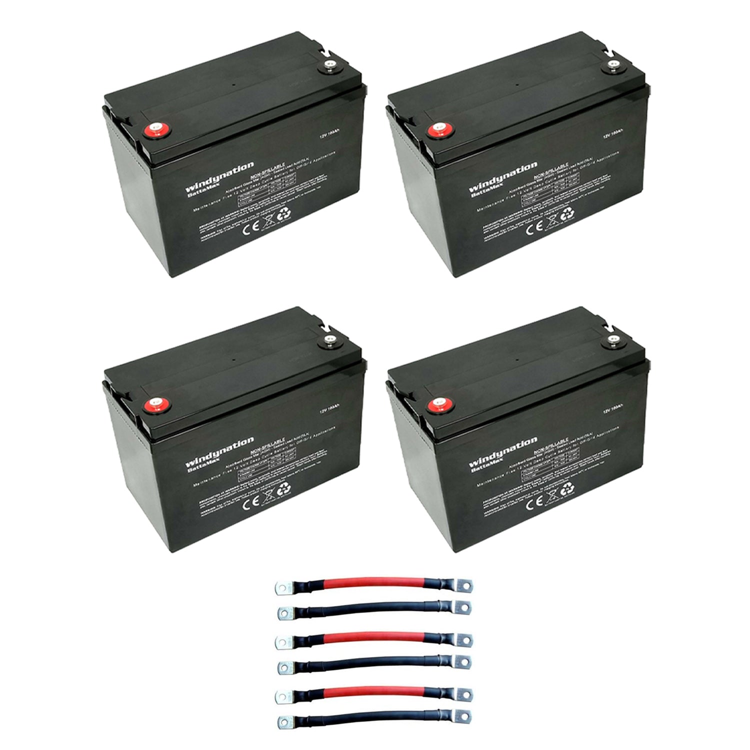 Windy Nation 12V 100 Ah Deep Cycle Solar Off Grid Battery with Cables (4 Pack) - VMInnovations