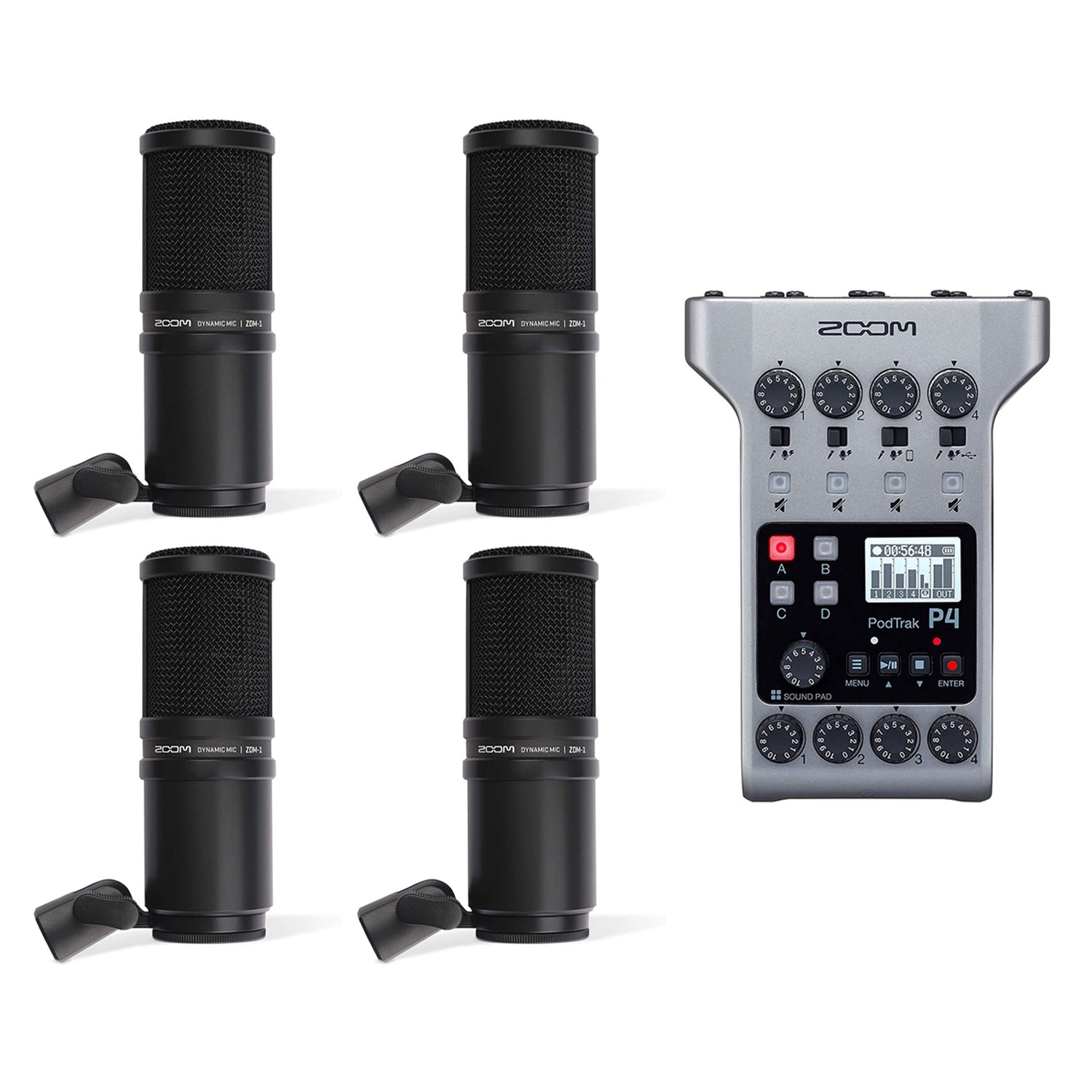 Zoom PodTrak P4 4 Track Digital Audio Recorder and (4) ZDM-1 Dynamic Microphone