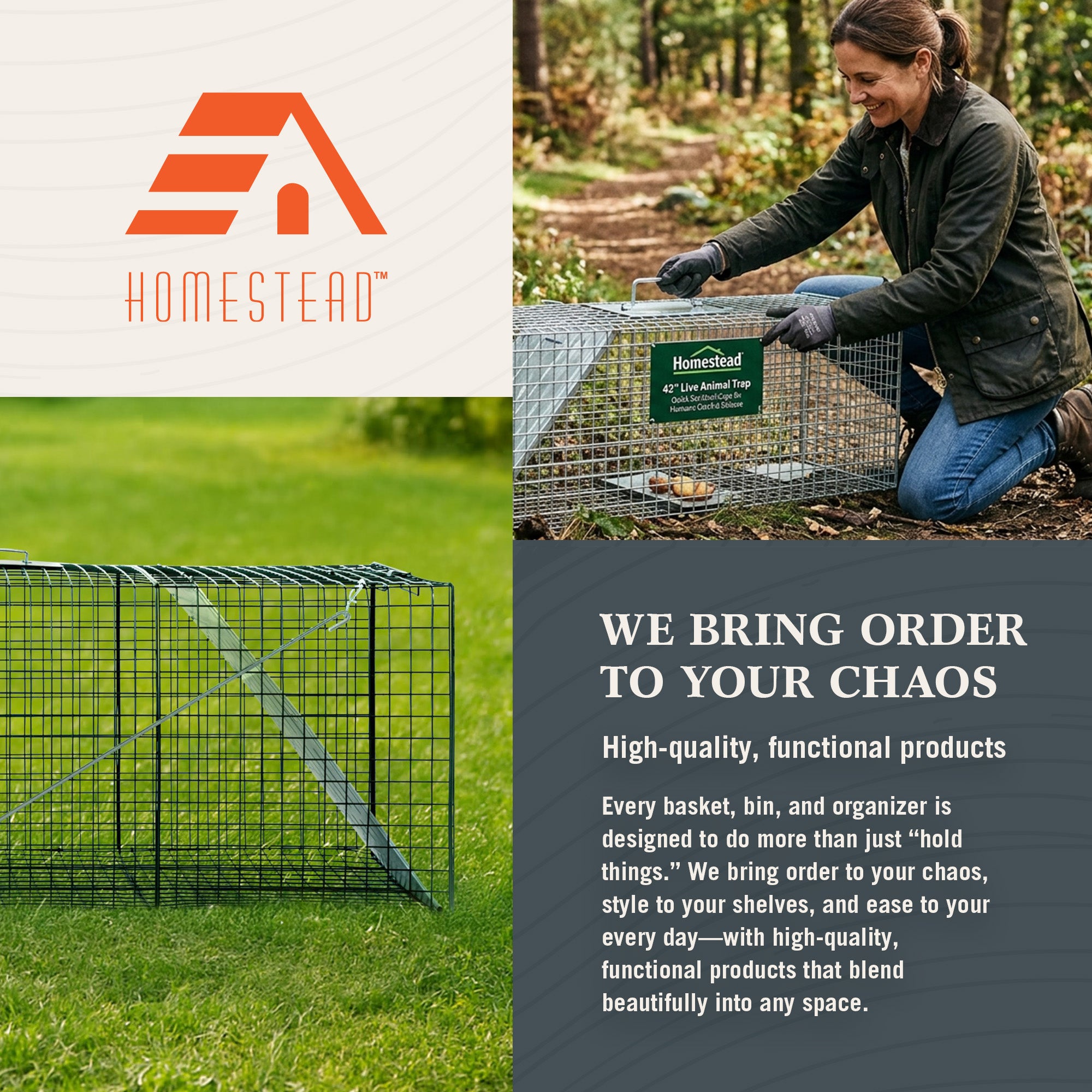 Homestead 42'' Live Animal Trap, Quick Set Steel Cage for Humane Catch & Release