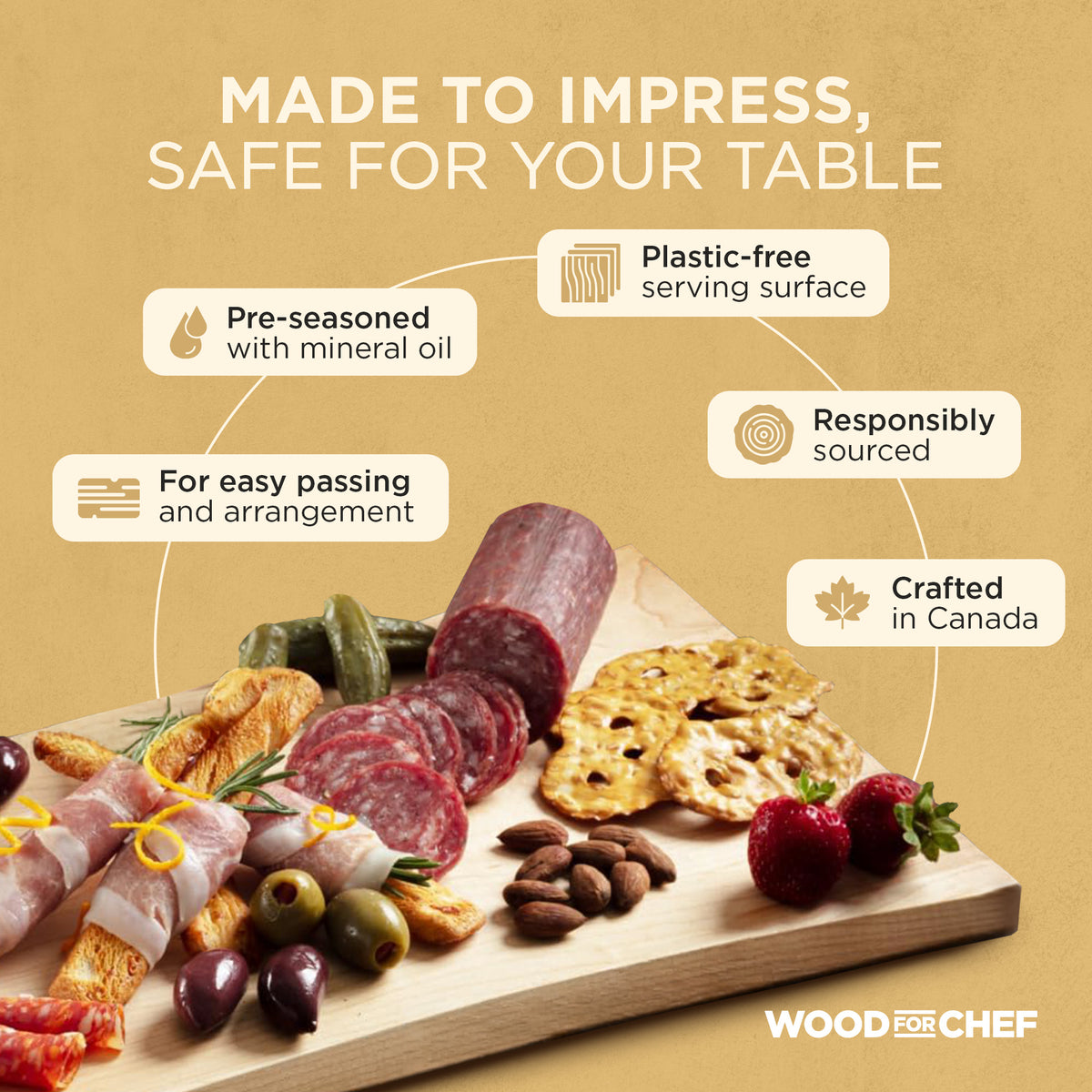WoodForChef Maple Live Edge Hardwood Charcuterie Board, 24 x 9 Inches