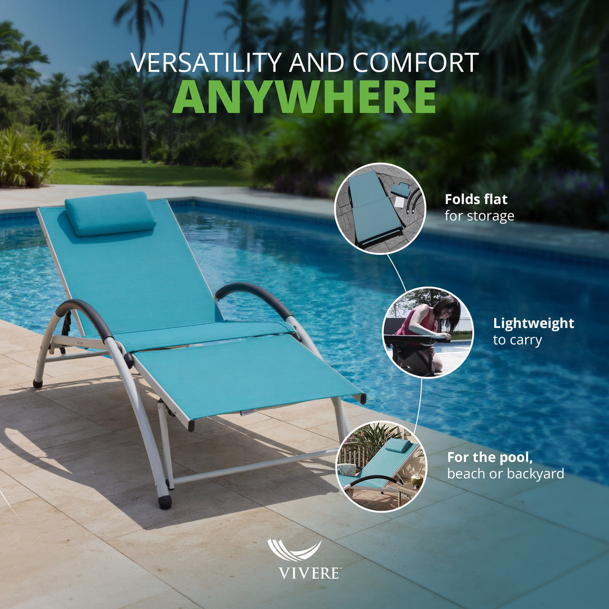 Vivere Aluminum Reclining Dockside Sun Lounger for Patio & Pool, True Turquoise