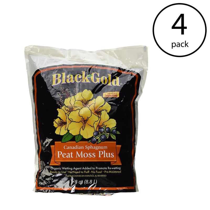 SunGro Black Gold Natural Canadian Sphagnum Peat Moss Plus, 8 Qt Bag (4 Pack)