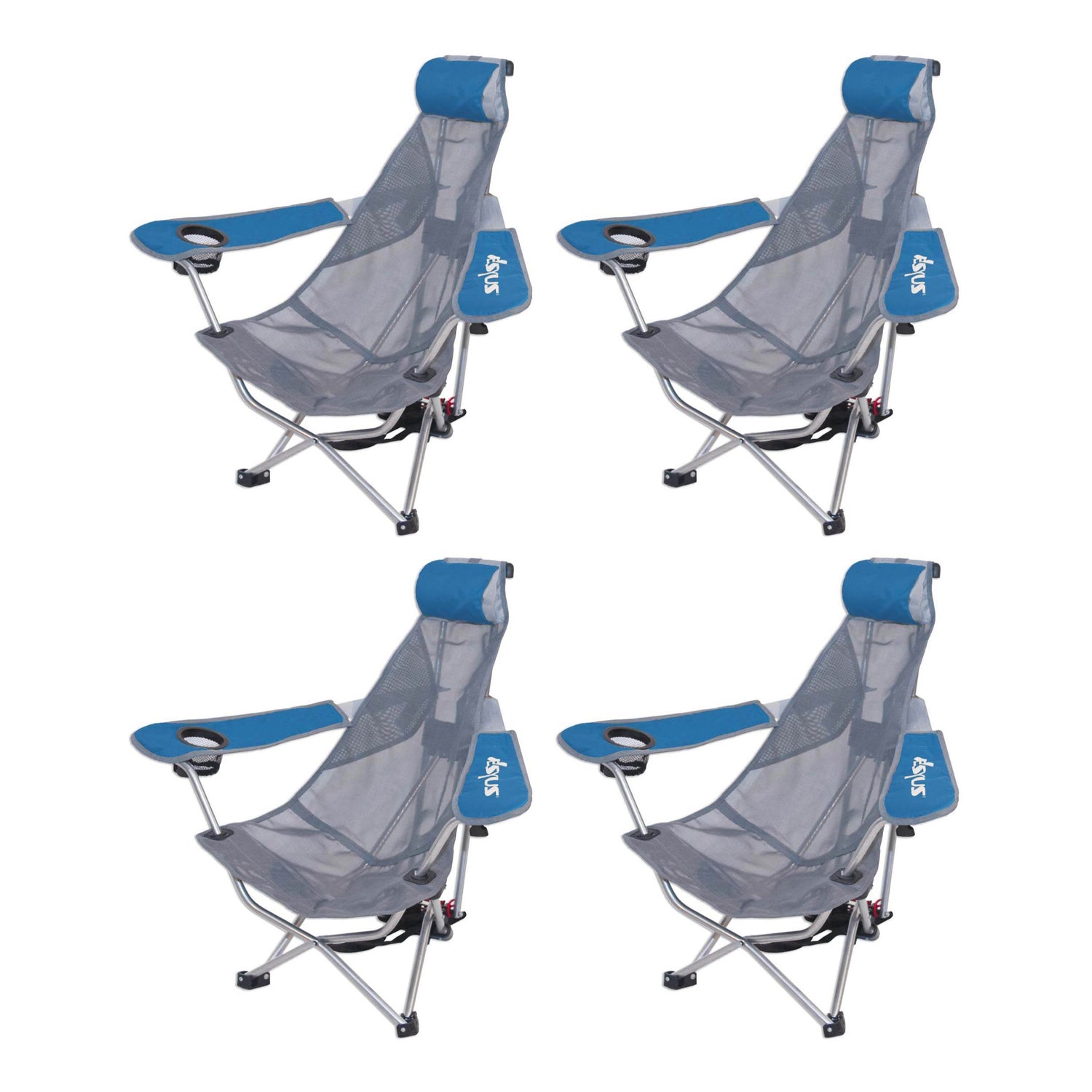 Kelsyus Mesh Folding Backpack Beach Chair with Headrest, Blue (4 Pack)